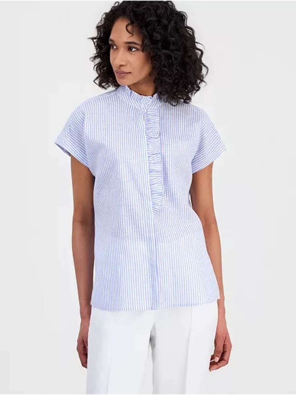 Ann Taylor Blue & White Striped Ruffle-Placket Short Sleeve Blouse